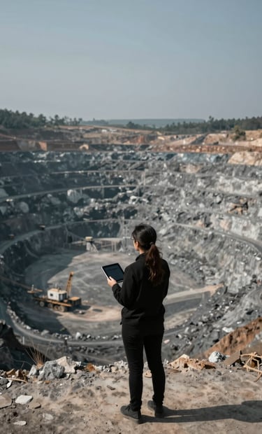 A wide-angle shot of a journalist standing at the edge of an immense open-pit mine, holding a tablet and observing the scale of the operation. Her silhouette is sharp against the #B0BEC5 landscape and #607D8B sky. The image conveys the depth and rigor of independent investigative work.