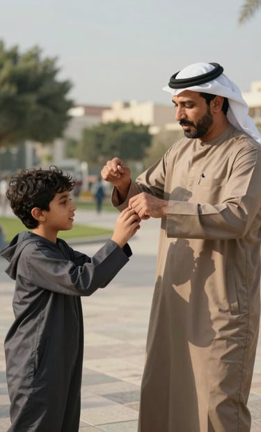 A medium shot of a father and son engaged in a spontaneous activity in a park in a Middle Eastern / Gulf city. Warm, sun-drenched lighting, highlighting charcoal and tan clothing colors. Genuine human connection and authentic storytelling.
