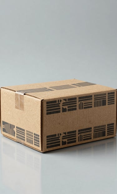 A studio product shot of a sustainable cardboard shipping box with custom brand patterns printed in dark charcoal, sitting on a clean mist colored surface, reflecting North American / US aesthetic.
