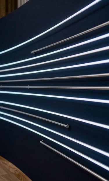 A close-up shot of a contemporary digital art installation in a European / French cultural center, featuring glowing pale silver blue lines against a dark navy background. The composition is sleek and modern.