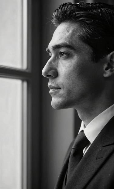 A cinematic close-up of a sophisticated person looking out of a window, high contrast black and white photography, soft window light hitting one side of the face, Global / Hispano context, elegant atmosphere, deep shadows.