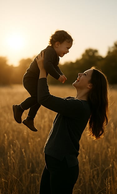 A vertical cinematic lifestyle photograph of a mother lifting her child in a sun-drenched North American meadow, backlit by a warm golden sun, charcoal-toned clothing against a soft sand colored field.