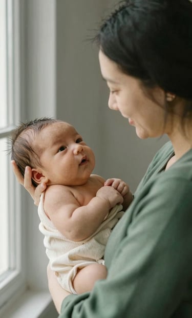 A mother gently holding her newborn by a window with soft natural light. Minimalist elegance, deeply emotional storytelling. Subtle, warm tones incorporating dark green (#2A362B), muted green (#5F705B), warm beige (#C7B7A3), and off-white (#F7F3EE).