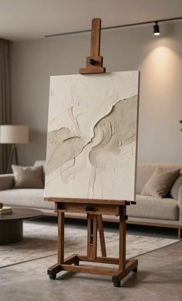A finished piece of textured art displayed on a dark wood easel in a minimalist, modern Western living room. The room has soft earthy decor and professional gallery-style spotlighting.