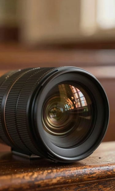 A cinematic close-up of a high-end cinema camera lens reflecting the soft, warm light of a sanctuary, with a blurred background showing the warm wood and soft #A79E8B tones of church pews. The lighting is ethereal and professional, embodying serene storytelling.