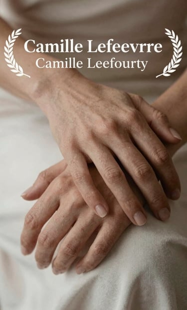 A close-up detail shot of hands resting softly, illustrating the sensitive touch of Camille Lefeuvre's photography. Warm taupe and soft off-white colors, shallow depth of field, very elegant.