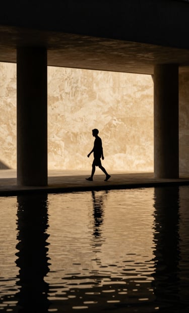 A dramatic silhouette of a person walking through a pool of antique gold light in a minimalist North American / US architectural space, deep midnight black shadows.
