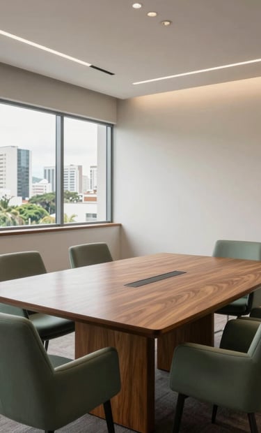 A sophisticated South American corporate meeting room with a large minimalist wooden table, sage green chairs, and large windows looking over a Brazilian city. The lighting is soft and professional, highlighting off-white walls.