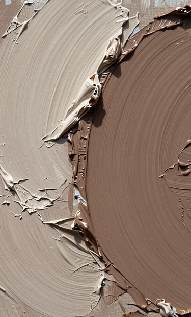 A close-up photograph of thick, expressive oil paint textures on a canvas. The palette features muted brown, warm taupe, and soft off-white, with deep charcoal shadows in the crevices of the brushstrokes. Soft, natural side lighting emphasizes the three-dimensional quality of the paint.