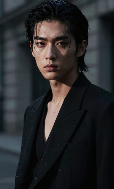 A high-contrast cinematic fashion portrait of an edgy model in a dark urban setting, with polar mist highlights on their skin and obsidian black shadows. The lighting is dramatic and moody, 35mm film style.