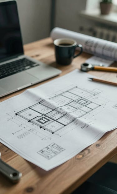 A messy but creative workspace table with blueprints, coffee, and tools. Realistic, grainy texture, cinematic lighting using #6B705C and #F5F5DC accents.