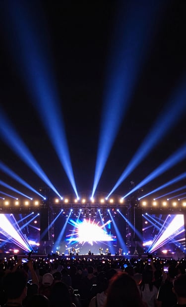 A wide shot of a massive festival stage at night under a deep black sky. The lighting rig is emitting powerful #7A7CF1 beams of light into the air. Reflects an electrifying presence.