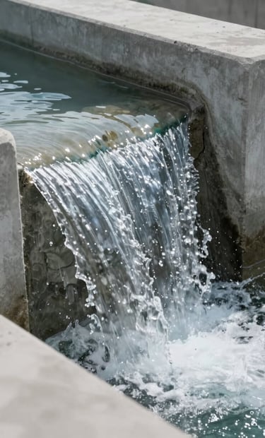 A detailed close-up of water flowing through a precisely engineered concrete spillway. The focus is sharp on the water's texture and the smooth grey concrete, embodying professional water engineering and clean design. Soft, natural daylight.