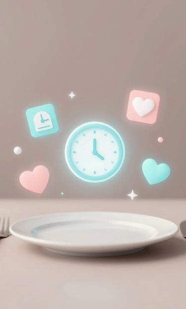 A minimalist and artistic representation of a dining experience where digital icons like a clock and a heart float softly above a table. Style is dreamlike with soft pastel glows in #A6D1FF and #FFC6A6.
