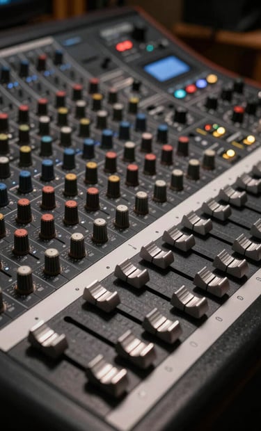 A high-end, top-down photograph of a professional analog mixing console in a dark North American recording studio. The faders are silver, catching soft light against a charcoal and black equipment surface, creating an atmosphere of technical precision and artistic focus.