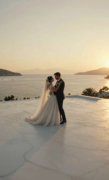 A 360-degree cinematic capture of a Middle Eastern / Turkish wedding celebration in Bodrum. The couple is dancing in the center of a minimalist, modern white stone terrace overlooking the sea at sunset. High-resolution photography with mustard yellow and white lighting accents.