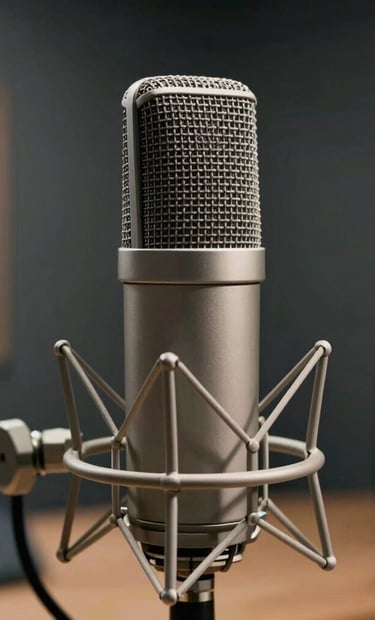 A close-up, artistic photograph of a high-quality condenser microphone in a professional recording studio setting. Soft, cinematic lighting with a color palette of dark gray and silver. North American / US studio interior.