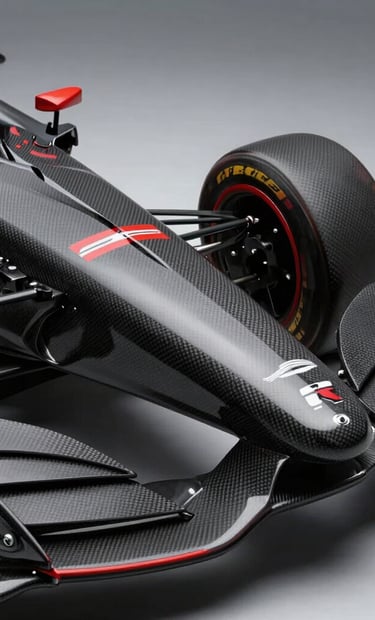 A sharp, technical close-up of an IndyCar aero-kit wing under studio lighting. The focus is on the precision carbon fiber weaving and the sleek dark gray finish, with racing red accents reflecting off the surface. Sophisticated and modern composition, North American / US motorsport context.