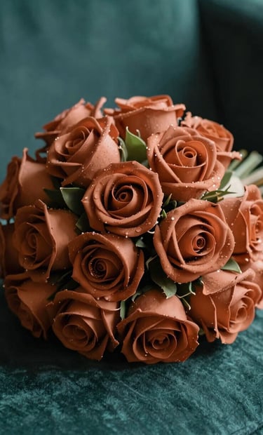 Close-up detail of a terracotta-colored bridal bouquet lying on a teal green velvet surface, captured in soft, cinematic sun-drenched lighting.