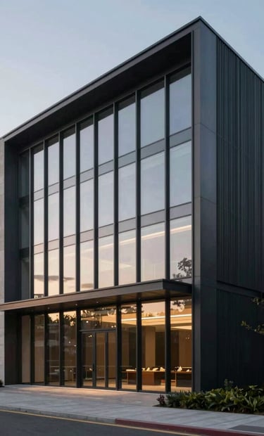 An exterior architectural photograph of a contemporary commercial building facade at dusk. The structure features clean vertical lines and large glass panels reflecting a soft ambient sky. Minimalist landscaping in the foreground. Professional lighting highlighting the texture of charcoal steel and beige stone elements. Style: Modern, precise, and sophisticated.