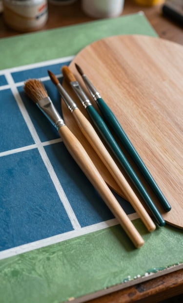 A close-up photograph of artistic tools—high-quality brushes and a wooden palette—resting next to a vibrant painting of a tennis court. The scene is set in a sunny, North American residential art space, reflecting an active and creative lifestyle.