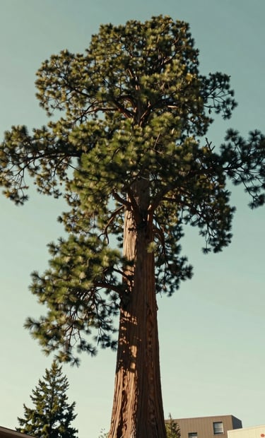 A cinematic drone shot from a low-angle aerial position looking up at a Giant Sequoia's massive crown against a soft mint-colored sky. The dense green needles are sharp and textured, while urban Eugene rooftops are visible at the very bottom edge of the frame. Soft, majestic lighting.