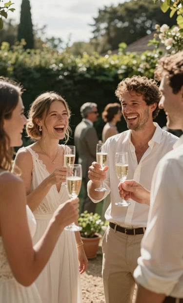 A lifestyle shot of wedding guests laughing and toasting with champagne, sunny afternoon in a French garden, natural and authentic interactions, cinematic lighting, warm beige and soft sand tones.