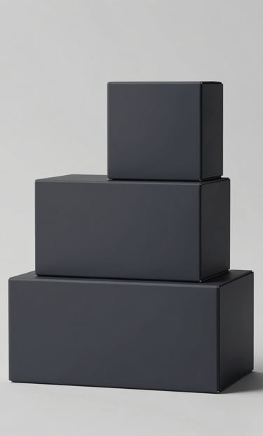 A collection of three skincare boxes of different sizes stacked neatly. The packaging design is sleek and uses a monochromatic palette of #0A1118 and #ECF0F1. Modern, sophisticated studio lighting.