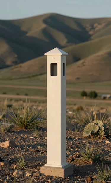 Ground-level professional photography of a property boundary marker against the backdrop of rolling hills in Northeast Nevada. The lighting is soft late afternoon, emphasizing the rugged elegance and strategic boundary of the land using off-white and muted green tones.