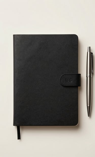 A top-down view of a minimalist desk with a single black notebook and a high-end metal pen, clean off-white background, soft natural lighting, North American / US setting.
