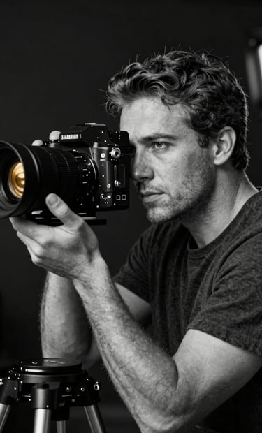 A sophisticated black and white photograph of Frank Artus on a film set, looking through a camera lens. The atmosphere is professional and artistic, with hints of gold light (#A88B57) reflecting off the equipment against a dark background (#1A1C20).