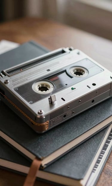 A photo of an old tape recorder sitting on a pile of music notebooks, with a dark slate grey metallic finish and warm taupe leather strap, shot in soft morning light.