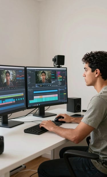 A professional video editor working on a multi-screen workstation in a modern Latin American / Hispanic home office, soft off-white walls, high-end creative workspace setup.