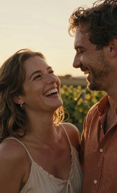 A cinematic close-up of a happy couple sharing a private laugh during a sunset celebration in a Portuguese vineyard. The lighting is warm and golden, highlighting sand and terracotta tones in their attire. Authentic, spontaneous moment, high-end lifestyle photography.
