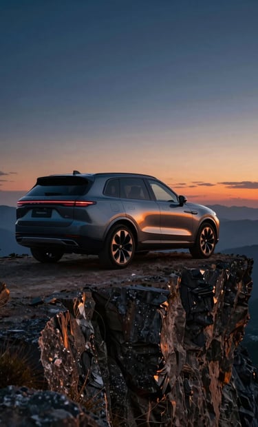 A high-fidelity 4K still of a luxury SUV parked on a jagged cliff edge at sunset. The lighting is cinematic, with orange glows hitting the car's metallic surface and deep shadows in the valley below. The color palette includes #1B263B for the deep sky and #A0B0C0 for the car's highlights.