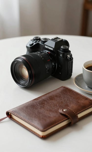 Una composición de bodegón de estilo de vida que muestra una cámara profesional, una libreta de cuero marrón oscuro y un café en un entorno de estudio minimalista con luz suave y natural, estética sofisticada.