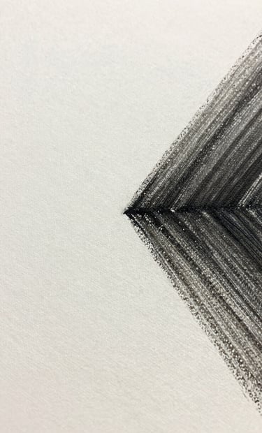 A detailed zoom of the upper corner of a canvas, where the painting transitions into soft off-white space. The image shows the delicate, dry-brush technique used with olive charcoal paint, captured with crisp, professional clarity.