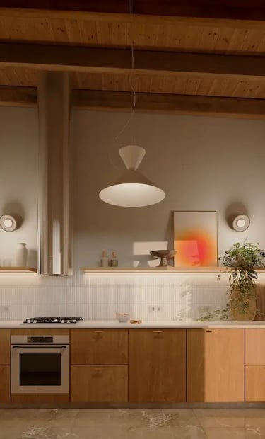 Diseño interior y reforma cocina. Colores cálidos. Minimalista y moderna.