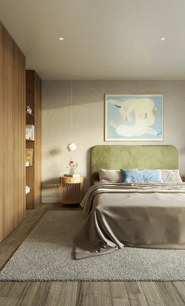 Diseño Interior de dormitorio. Minimalista, cálido y contemporáneo. Calmo y que invita a descansar.
