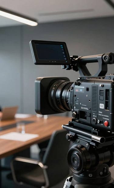 A close-up of a high-end cinema camera capturing a corporate boardroom meeting in a modern São Paulo office. Minimalist grey and black interior, natural lighting, sharp focus on the camera's technical details, professional Brazilian atmosphere.