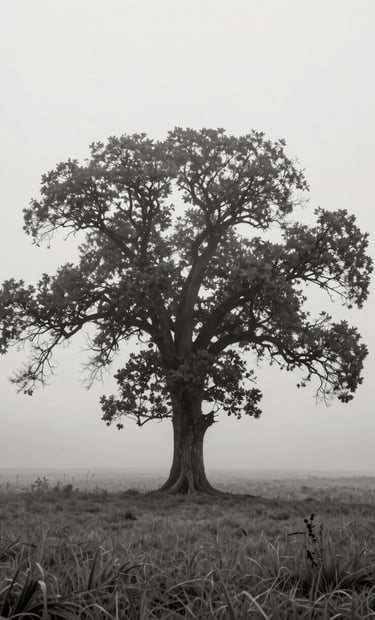 A minimalist wide shot of a lone, ancient tree in a misty field, captured with high-quality artistic precision. The composition is clean and evocative, featuring a palette of #6B625E and #AEAEA7. The lighting is soft and ethereal, reflecting a sense of timeless elegance.