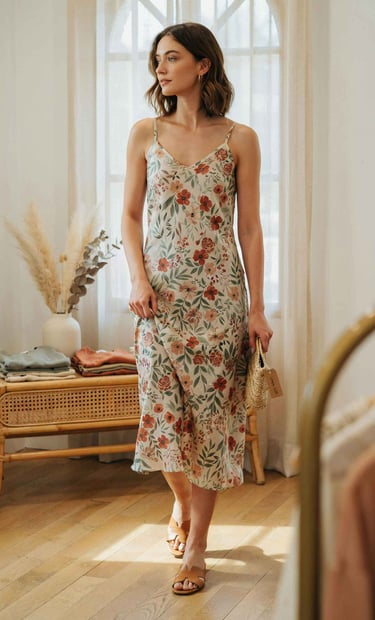 A woman wearing a sage green floral linen slip dress with thin straps