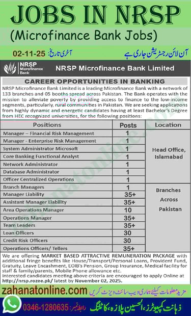 Ad of NRSP Microfinance Bank jobs for branch managers and loan officers November 2025