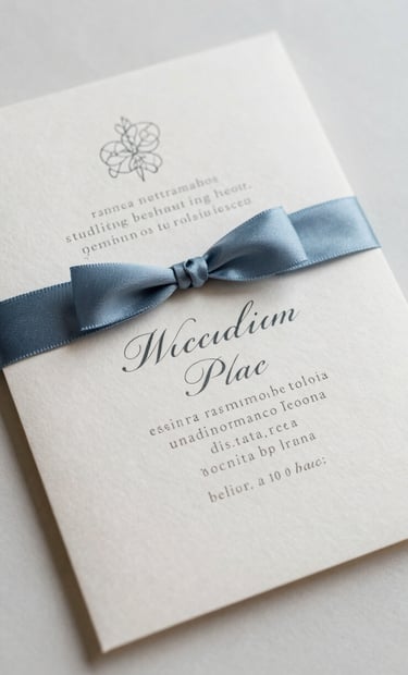 A close-up photograph of a luxury wedding invitation suite on handmade off-white paper with elegant charcoal typography and a silk ribbon in muted blue, set against a clean minimalist background, Hispanic / Spanish-speaking wedding stationery style.