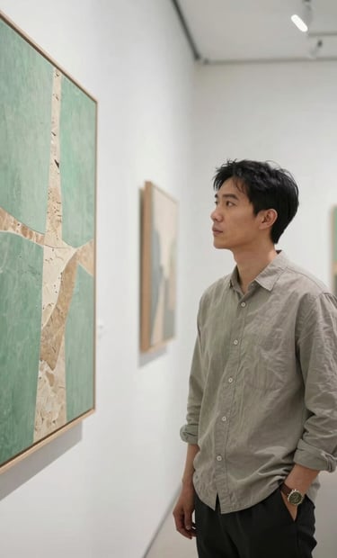 A portrait-oriented photograph of the artist standing next to their work in a bright, modern International / Global gallery. The artist is dressed in professional, minimalist attire, looking thoughtfully at the vibrant sage green and warm stone patterns.