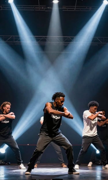 A vibrant photography shot from a North American / US stage, focusing on the intersection of movement and light. Bold beams of muted blue light cut through the air as the performer delivers a vogue-inspired choreography, capturing the essence of the Alahji DáQuan brand.