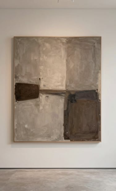 A moody, wide-angle shot of a minimalist home gallery in an International / Western setting. A single large canvas with an abstract design in taupe and muted brown hangs on a cream-colored wall. The composition is clean and sophisticated, reflecting a professional artistic journey.