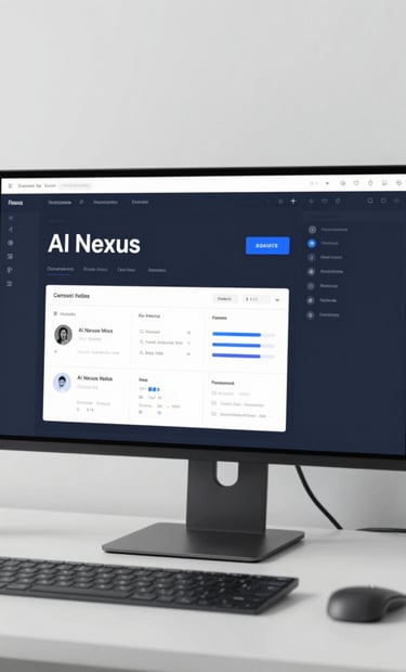 A desktop setup in a minimalist office, the monitor displaying the main AI Nexus control panel with high-contrast UI elements in #0A1118 and #E6EFF5.