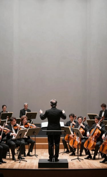 A wide shot of the tenor performing on a grand stage with a full philharmonic orchestra. The conductor is seen in silhouette against warm stage lights. The color palette is dominated by anthracite (#262626) and light grey (#F2F0EB) tones, exuding a sophisticated and grand atmosphere.