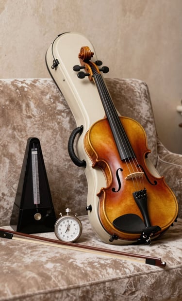 Still life of a violin case, a bow, and a metronome on a velvet surface in a Southern European / Spanish music room. Soft almond off-white and warm stone taupe colors. Refined and professional setting.
